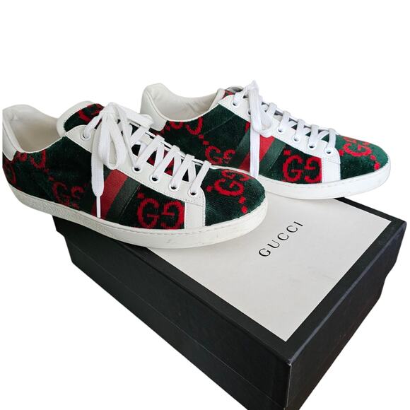 Gucci Ace GG Monogram Sneaker Size 38.5 US 8.5 Green Red Velvet Web Stripe Shoe - Picture 9 of 9